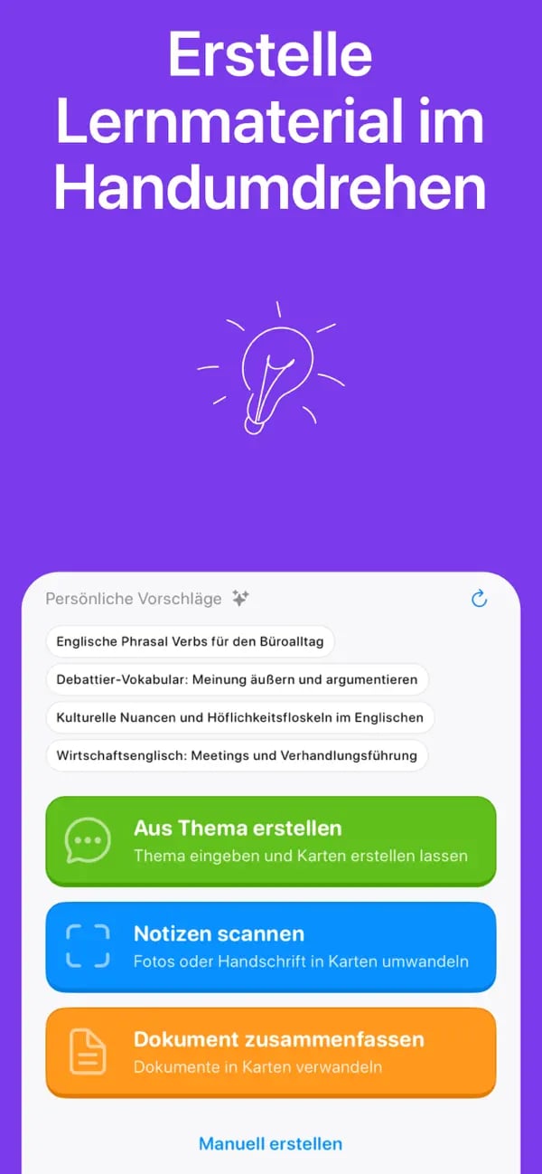 Menü zur Erstellung von Memko-Karten mit Themengenerierung, Notiz-Scan und manueller Erstellung