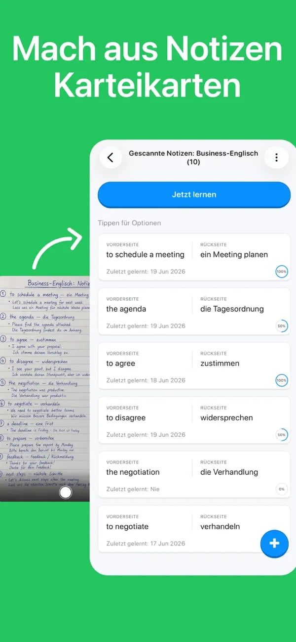 Handschriftliche Notizen zum Thema „Spanisch für den Geschäftsalltag“ wurden in ein bearbeitbares Memko-Deck umgewandelt