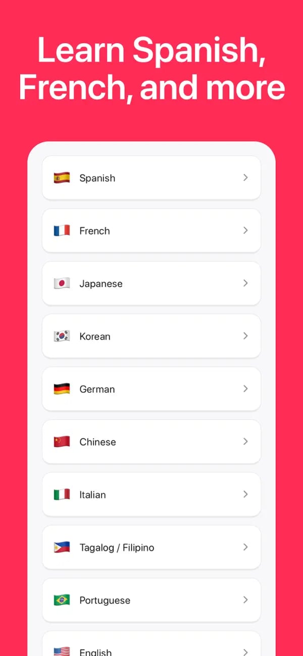 Memko language course picker showing several supported languages