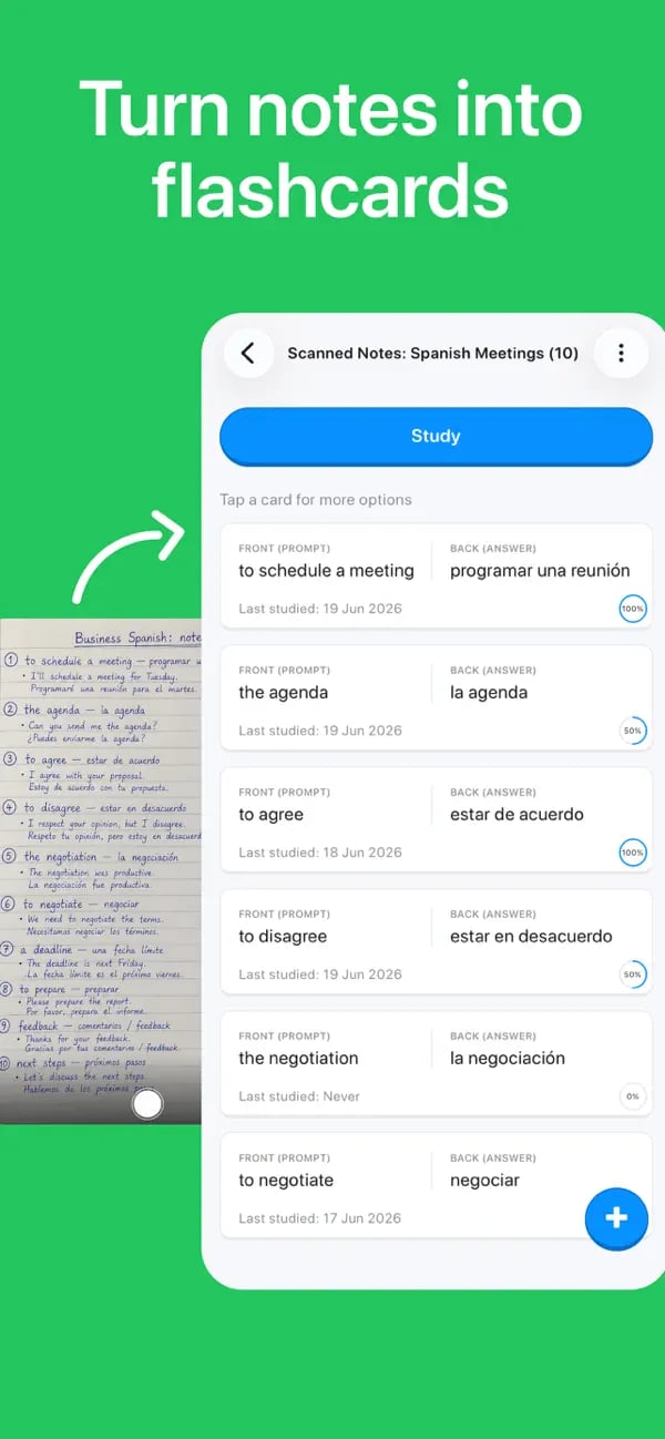 Handwritten business Spanish notes converted into an editable Memko deck
