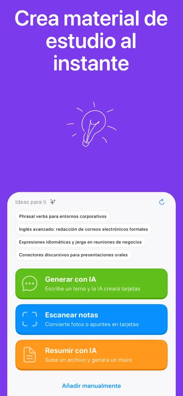 Menú de Memko para generar tarjetas desde un tema, escanear apuntes o crearlas a mano