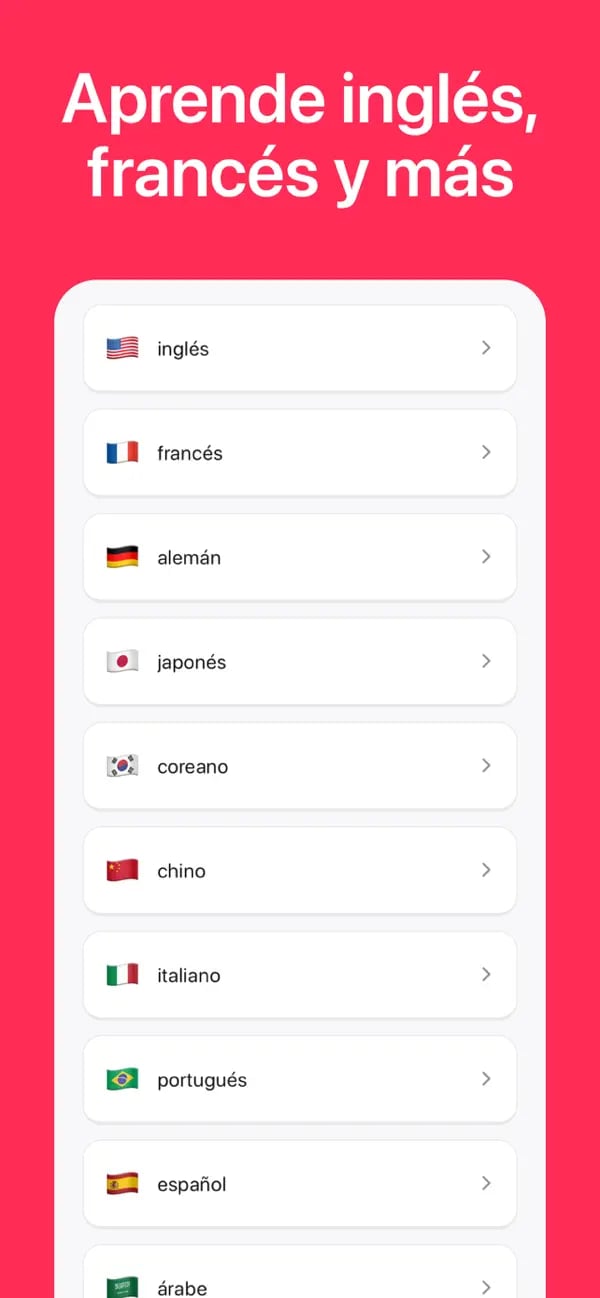 Selector de cursos de idiomas de Memko con varios idiomas disponibles