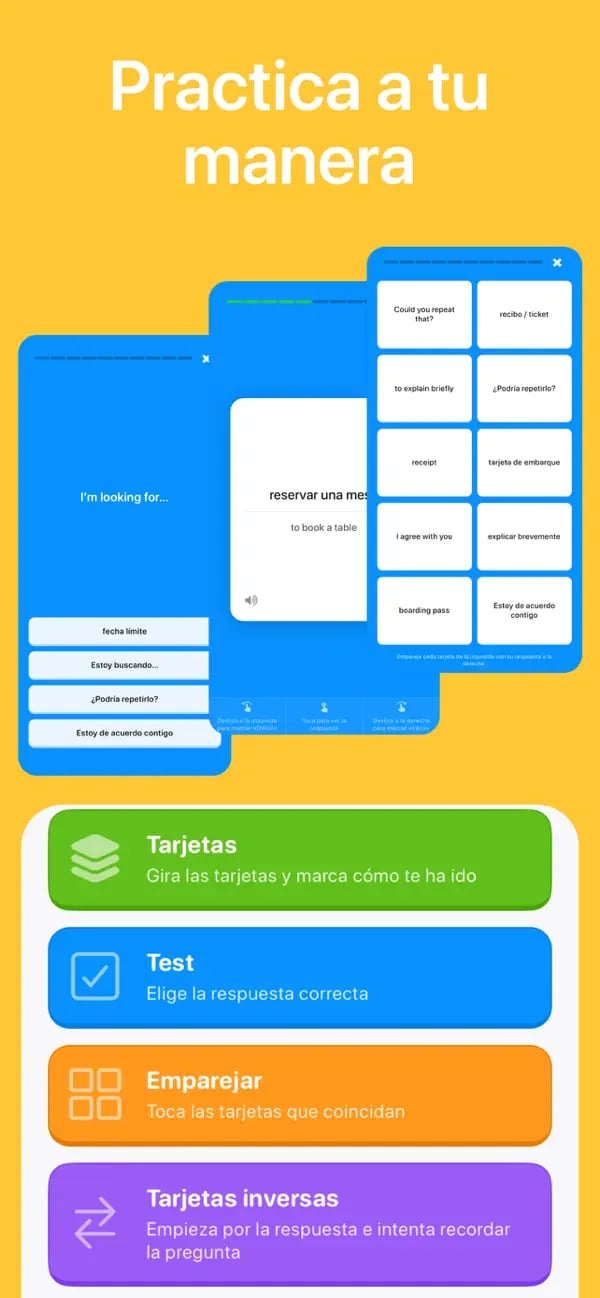 Modos de práctica de Memko con flashcards, test, emparejar y tarjetas inversas