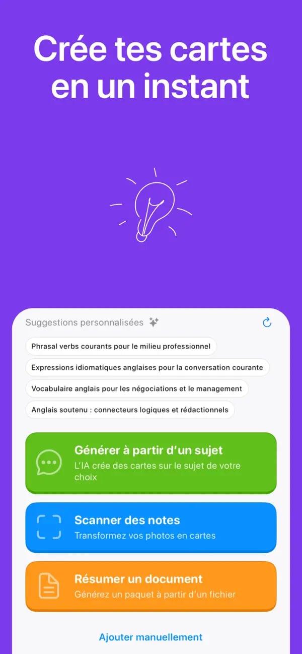 Menu de création de cartes Memko avec génération par sujet, scan de notes et création manuelle