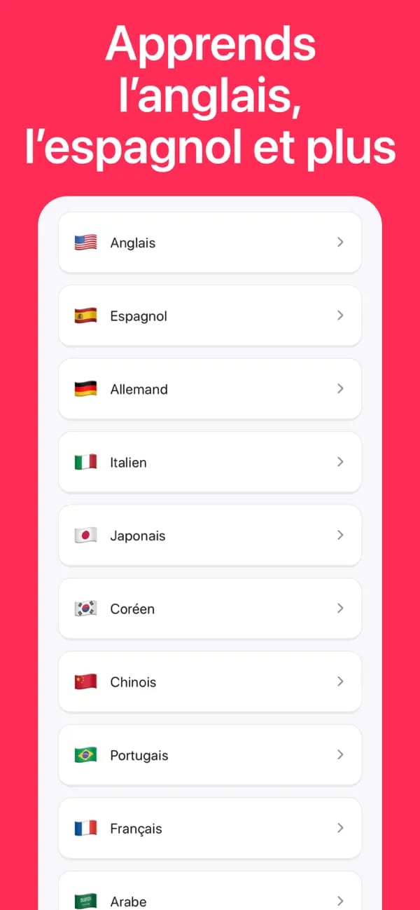 Sélecteur de parcours linguistique Memko affichant plusieurs langues disponibles