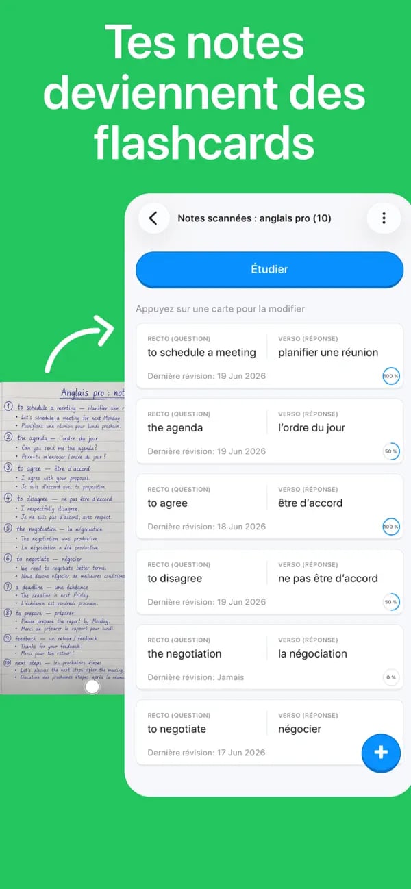 Notes manuscrites d’espagnol professionnel transformées en paquet modifiable dans Memko