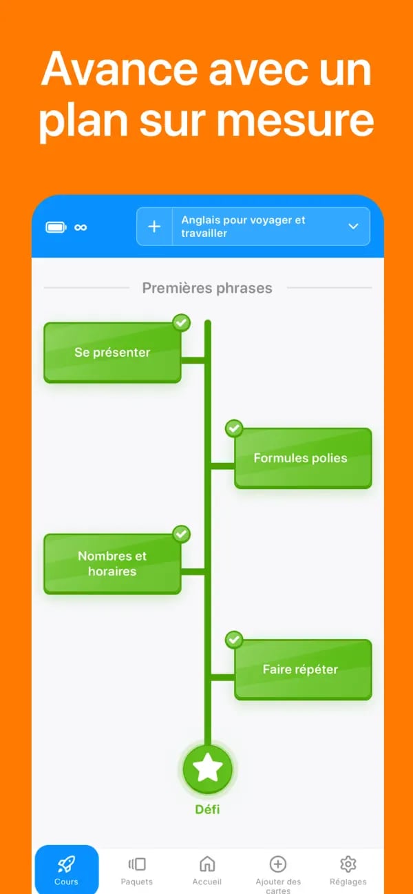 Plan d’apprentissage de l’espagnol personnalisé dans Memko avec des leçons terminées et un défi