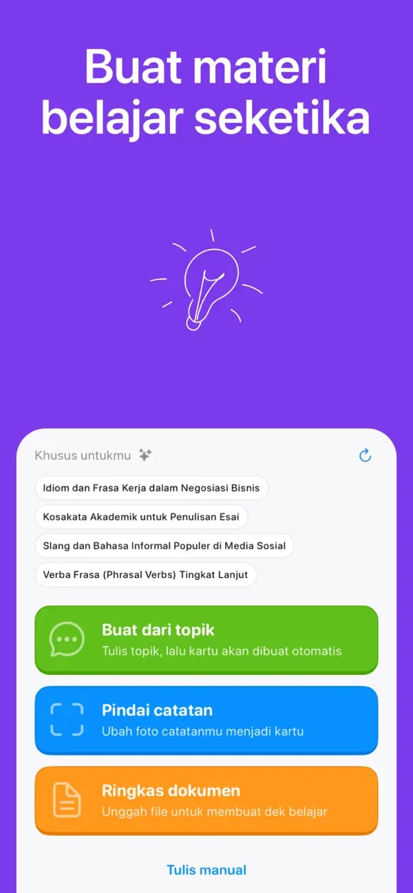 Menu pembuatan kartu Memko dengan pembuatan topik, pemindaian catatan, dan pembuatan manual