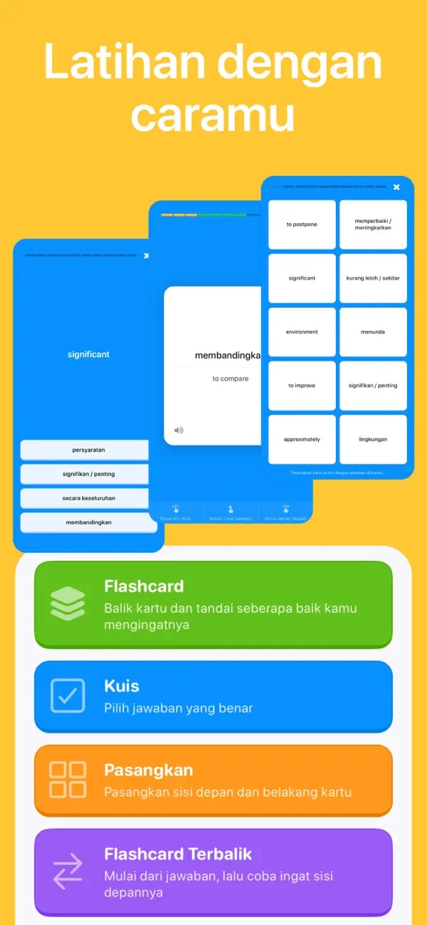 Mode latihan flashcard Memko, kuis, pencocokan, dan kartu bolak-balik