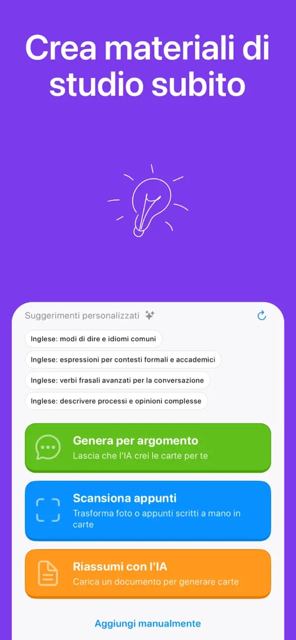 Menu di Memko per creare carte da un argomento, da una scansione o manualmente