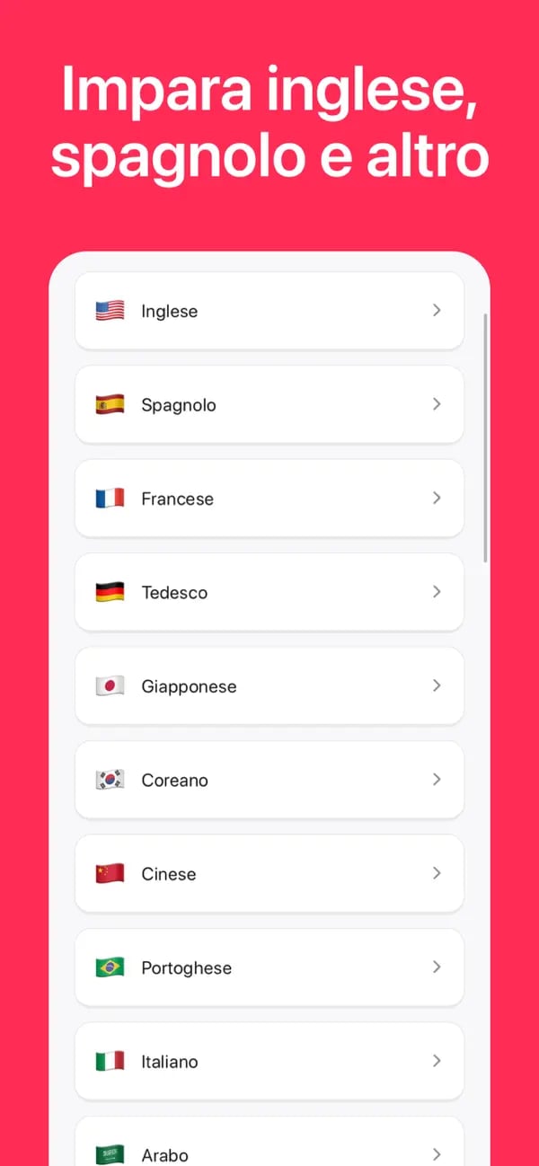 Selettore dei corsi di lingua di Memko con diverse lingue supportate