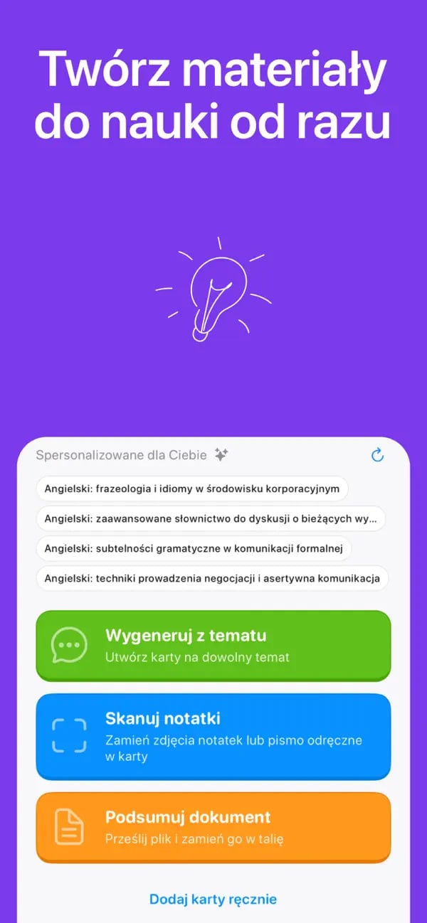 Menu tworzenia kart Memko z generowaniem z tematu, skanowaniem notatek i tworzeniem ręcznym