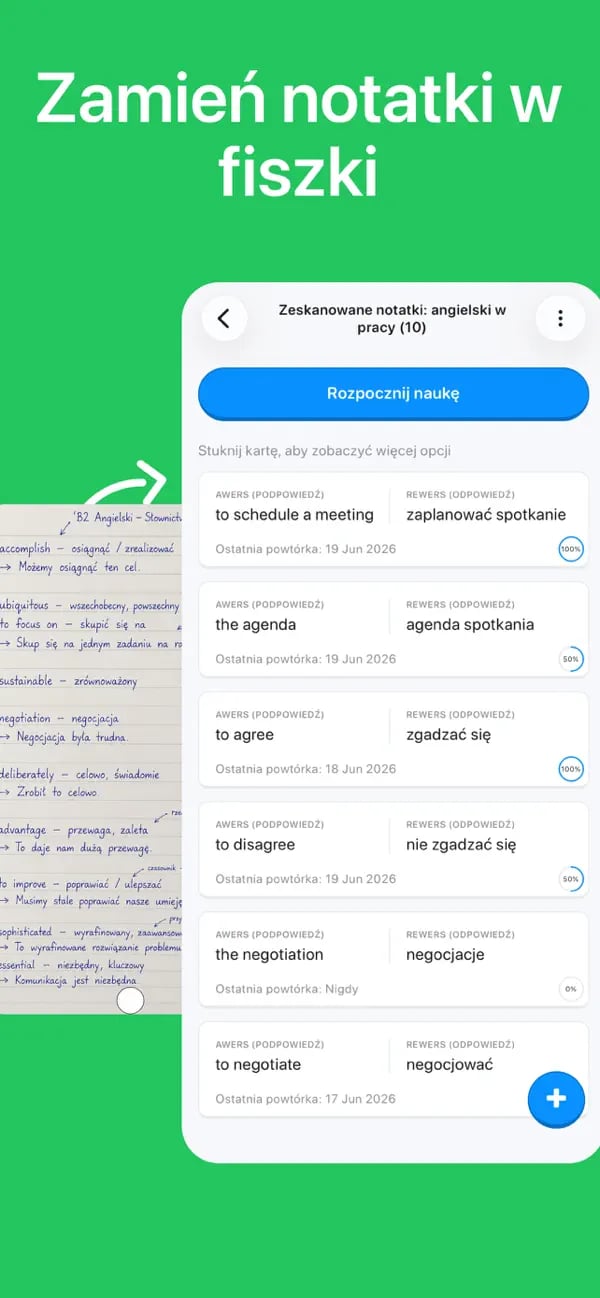 Odręczne notatki z hiszpańskiego biznesowego zamienione w edytowalną talię Memko
