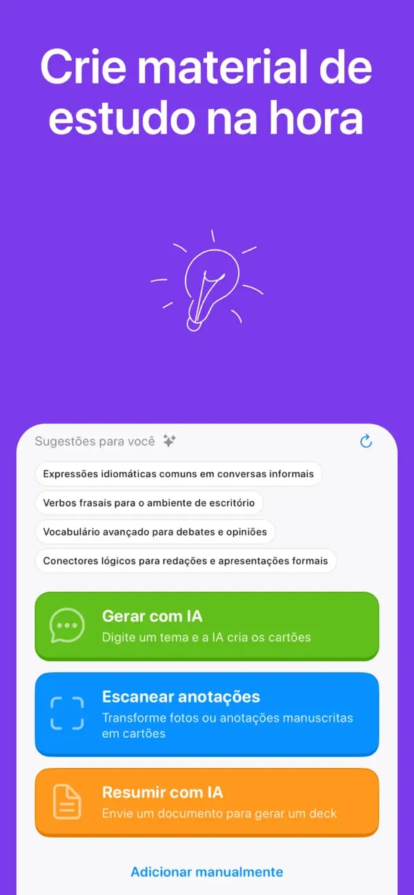 Menu de criação de cards da Memko com geração por tema, digitalização de anotações e criação manual