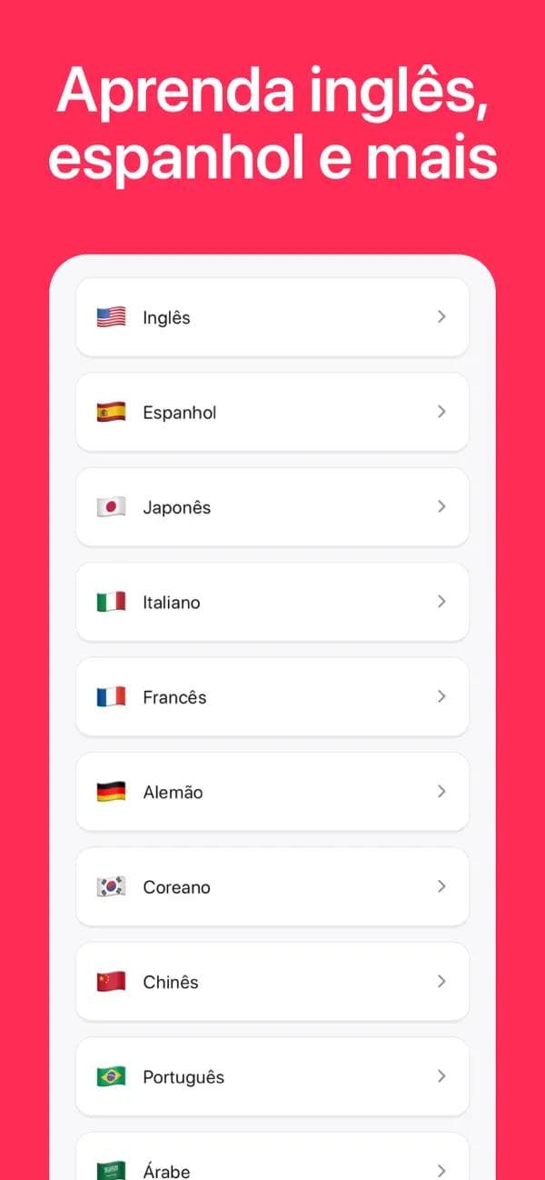 Seletor de cursos de idiomas da Memko mostrando vários idiomas disponíveis