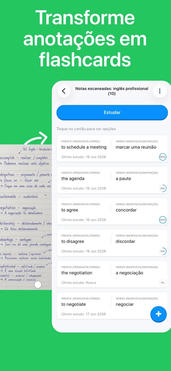 Anotações manuscritas de espanhol para negócios transformadas em um baralho editável na Memko