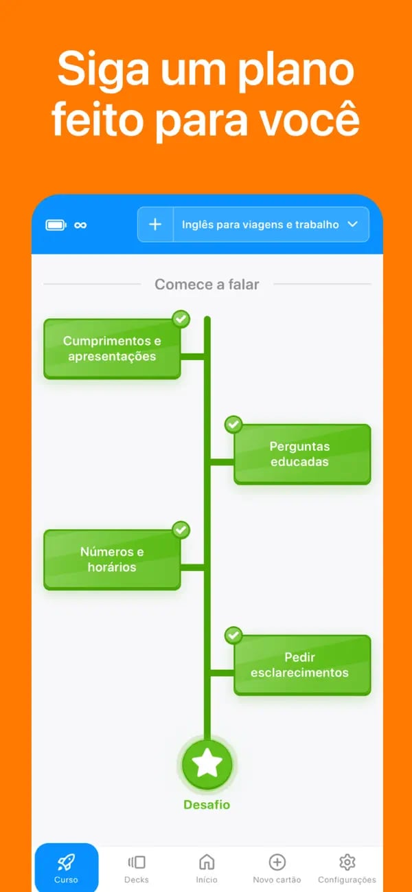 Plano de estudos personalizado de espanhol na Memko com aulas concluídas e um desafio