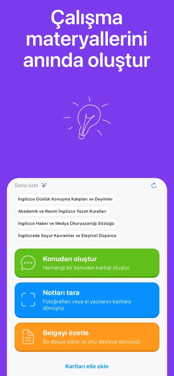 Konu oluşturma, not tarama ve manuel oluşturma özelliklerine sahip Memko kart oluşturma menüsü