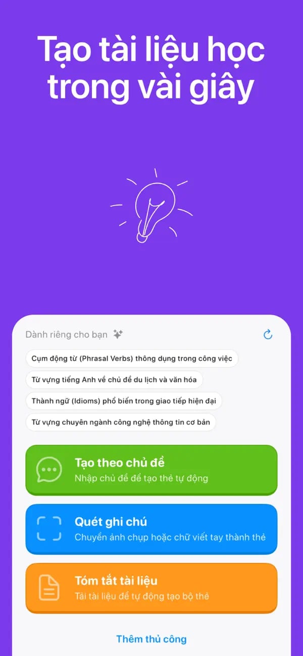 Menu tạo thẻ Memko gồm tạo từ chủ đề, quét ghi chú và tạo thủ công
