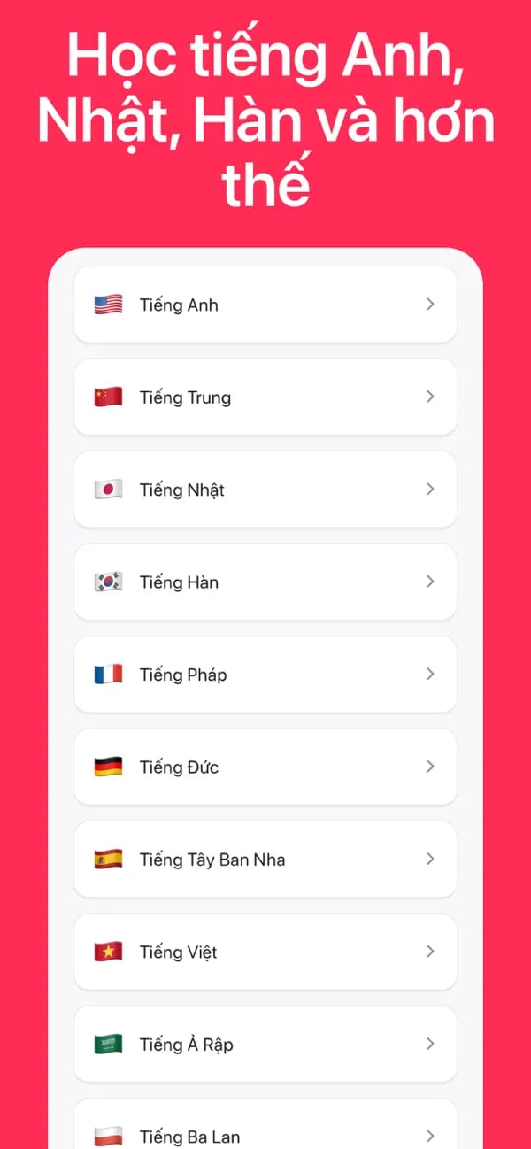 Màn hình chọn khóa học ngoại ngữ trong Memko với nhiều ngôn ngữ được hỗ trợ