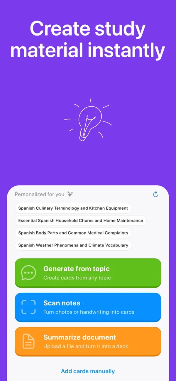 Memko card creation menu with topic generation, note scanning, and manual creation