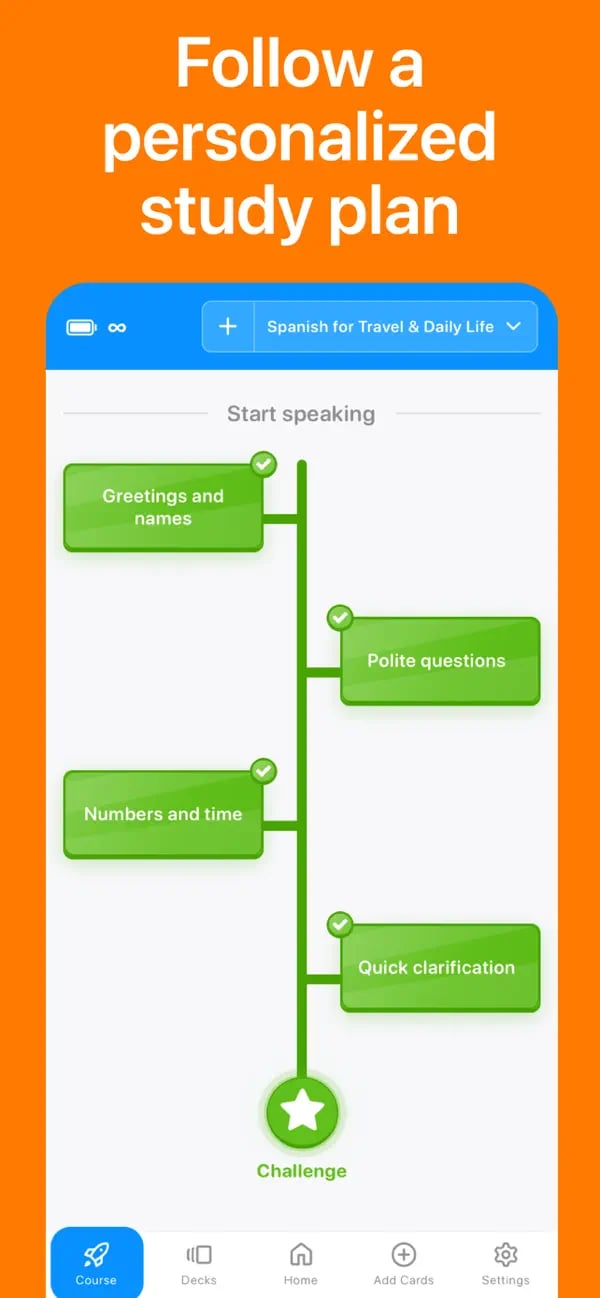 Memko personalized Spanish study plan with completed lessons and a challenge