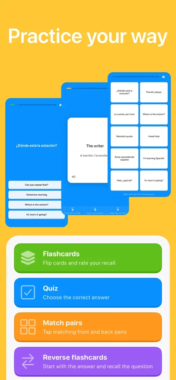 Memko flashcard, quiz, matching, and reverse-card practice modes